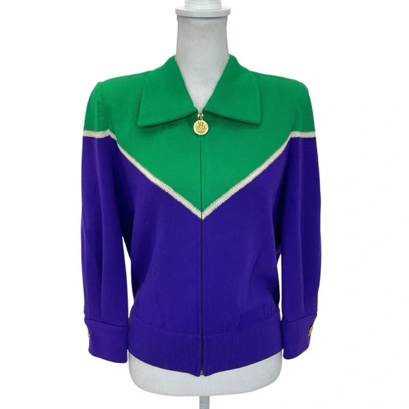 St. John Knit Bomber Cardigan Jacket Small Green/Purple - Picture 2 of 16